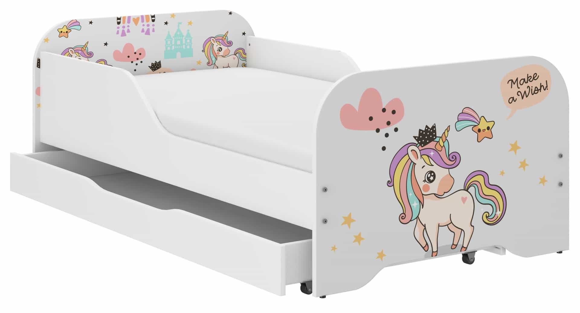 Profilovaná postel MIKI 160cm JEDNOROŽEC RAINBOW s matrací