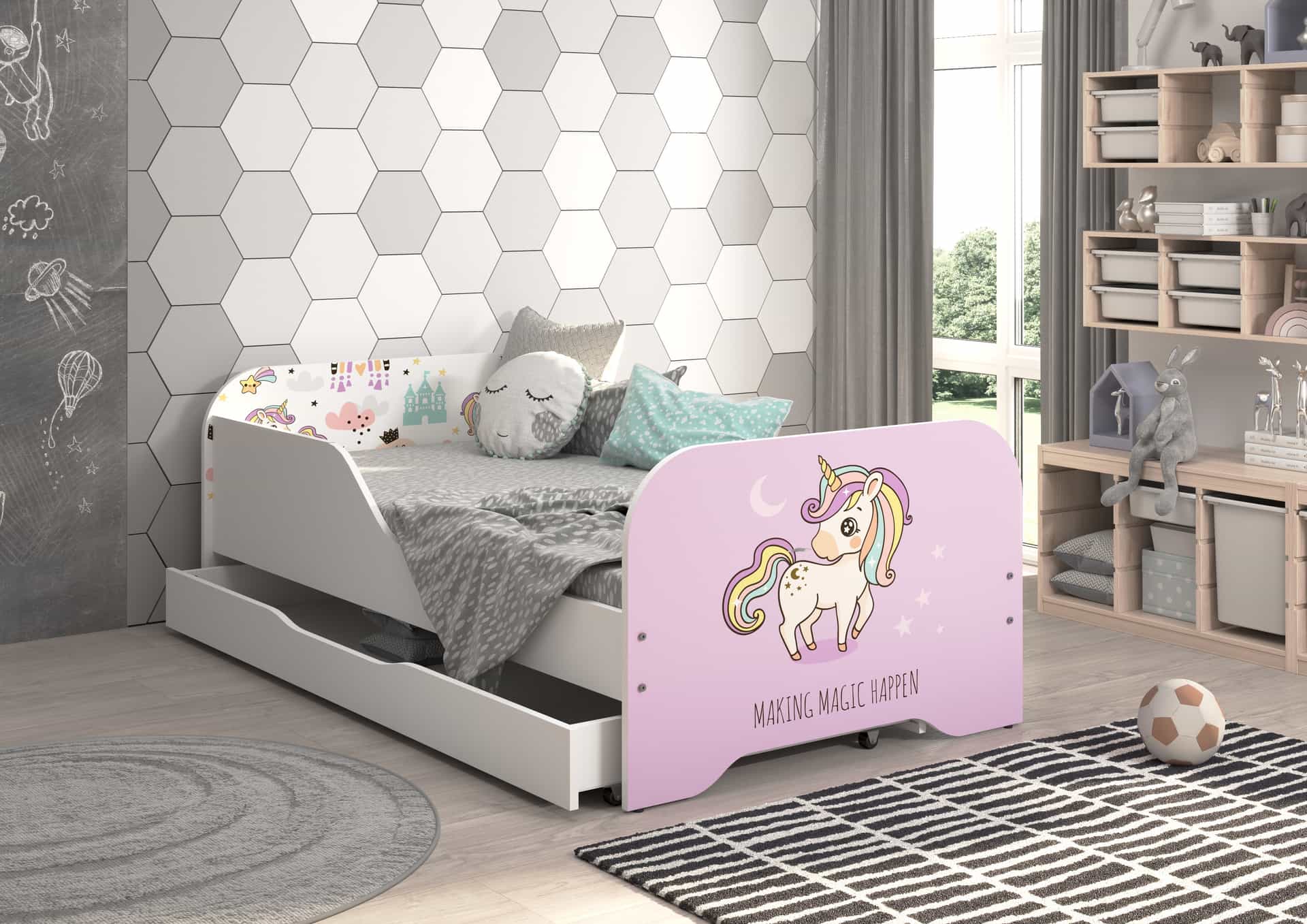 Profilovaná postel MIKI 140cm JEDNOROŽEC RŮŽOVÝ s matrací