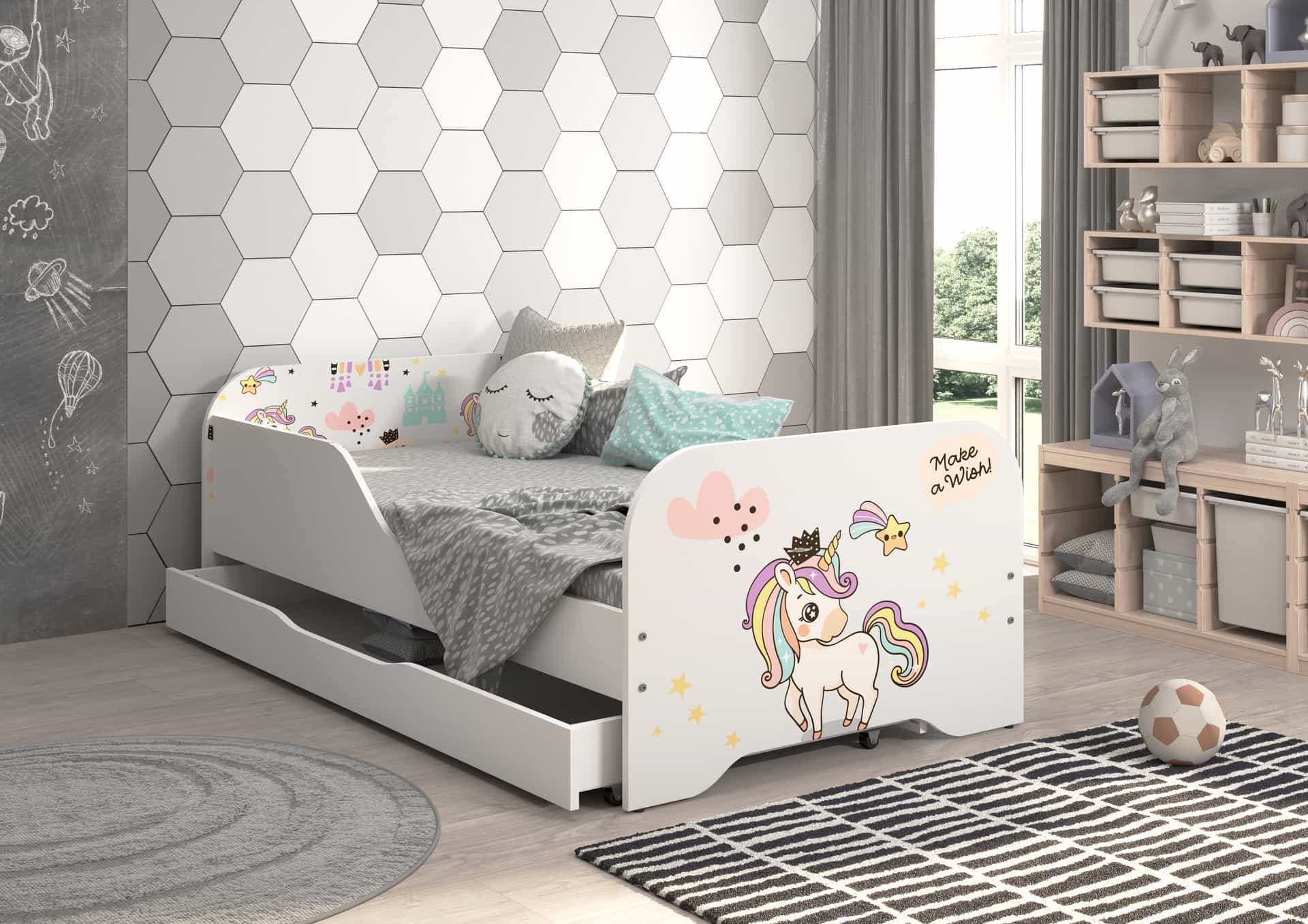 Profilovaná postel MIKI 140cm JEDNOROŽEC RAINBOW s matrací