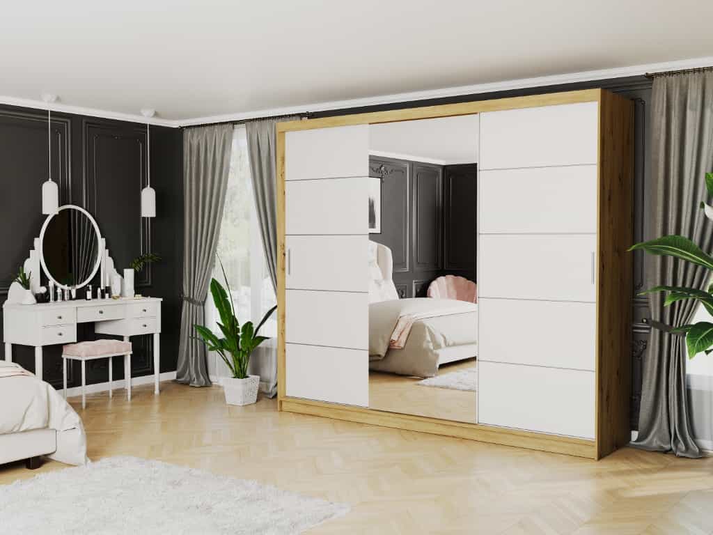 Posuvná skříň Norvio I 250 cm artisan se zrcadlem 3-dveřová bílá stříbrná mřížka