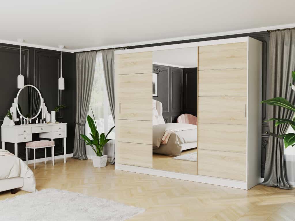 Posuvná skříň Norvio I 250 cm bílá se zrcadlem 3-dveřová sonoma stříbrné lišty