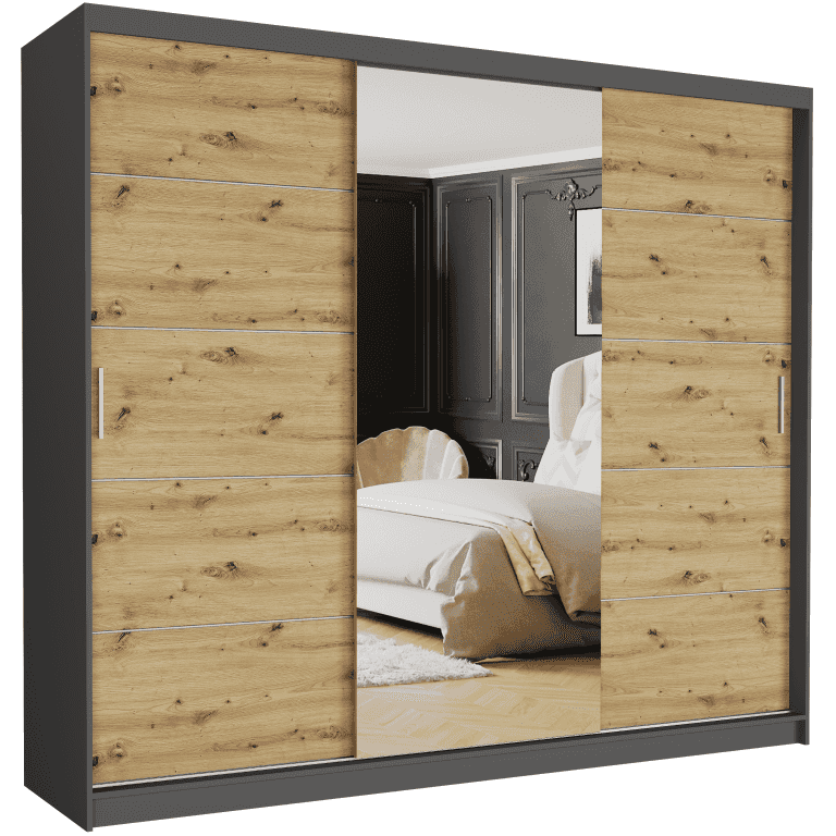 Posuvná skříň Norvio I 250 cm antracit s zrcadlem 3-dveřová artisan stříbrné příčky