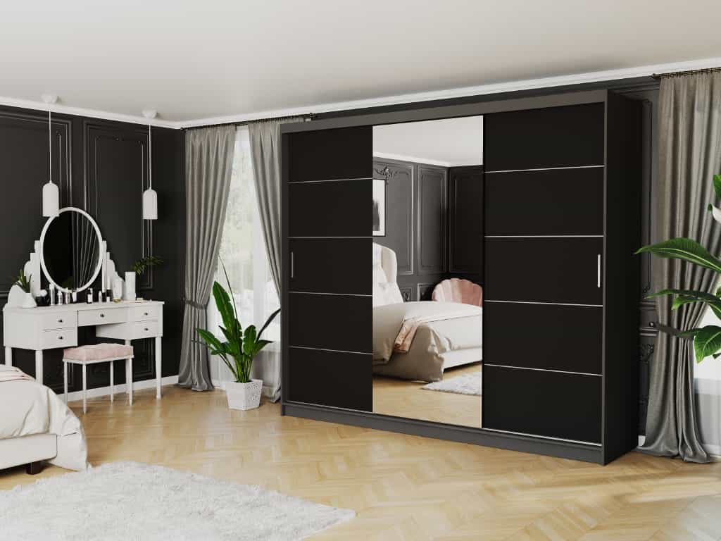 Posuvná skříň Norvio I 250 cm antracit s zrcadlem 3-dveřová černá stříbrné příčky