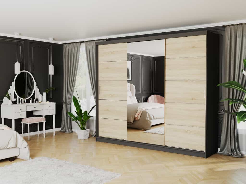 Posuvná skříň Norvio I 250 cm antracit s zrcadlem 3-dveřová sonoma stříbrné příčky
