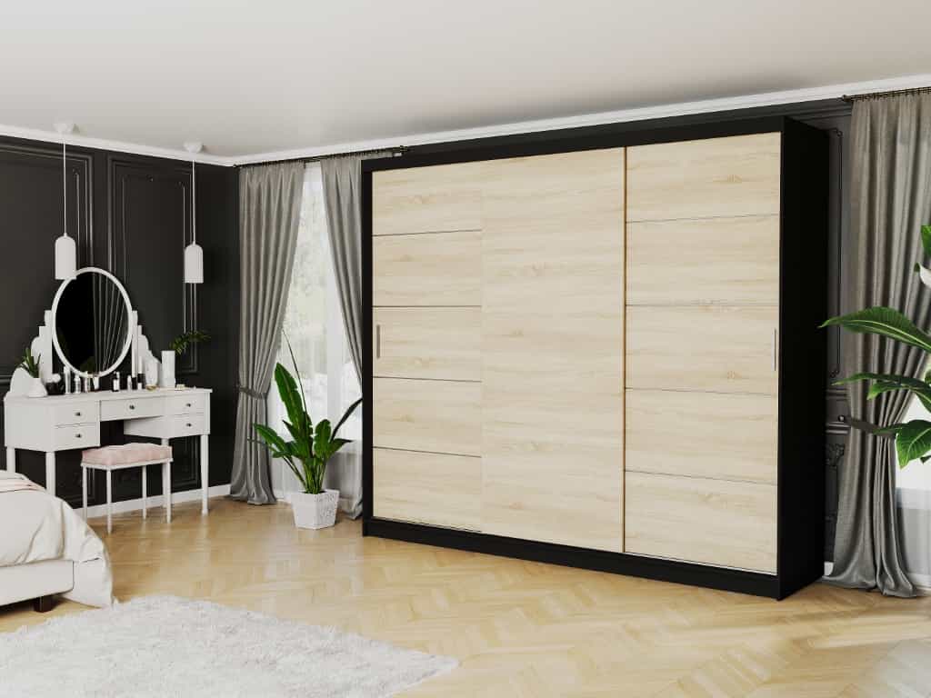 Posuvná skříň Norvio III 250 cm černá 3-dveřová sonoma stříbrné příčky