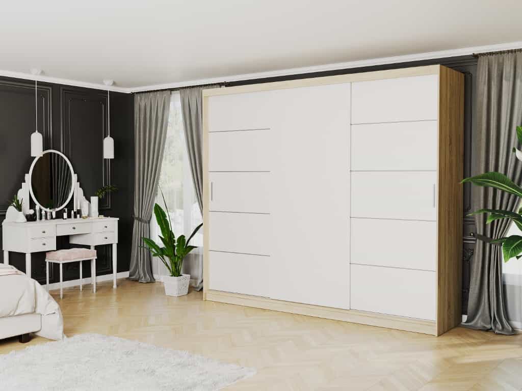 Posuvná skříň Norvio III 250 cm sonoma 3-dveřová bílá stříbrné lišty