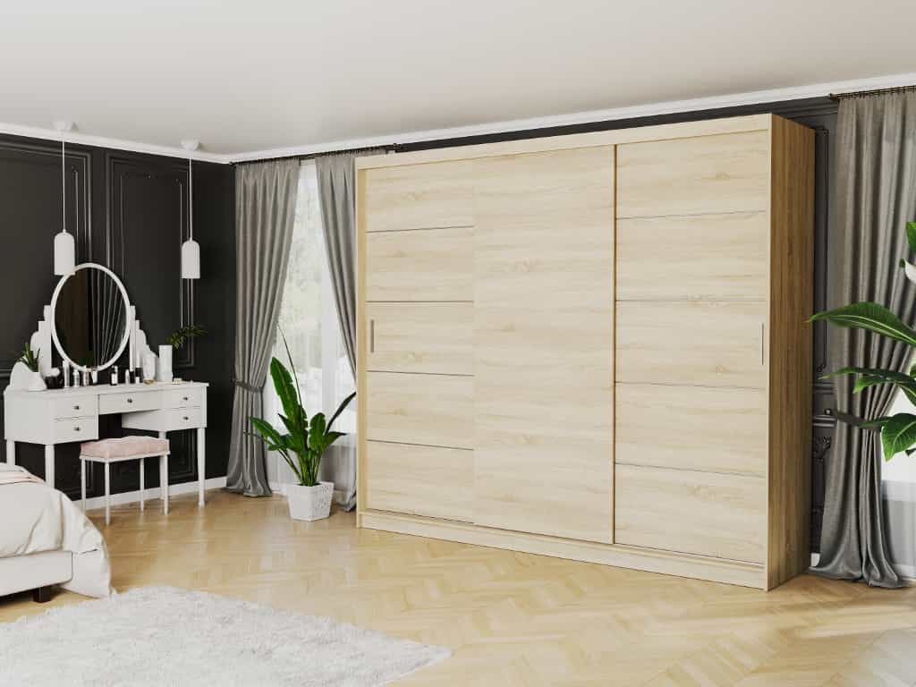 Posuvná skříň Norvio III 250 cm sonoma 3-dveřová sonoma stříbrné příčky