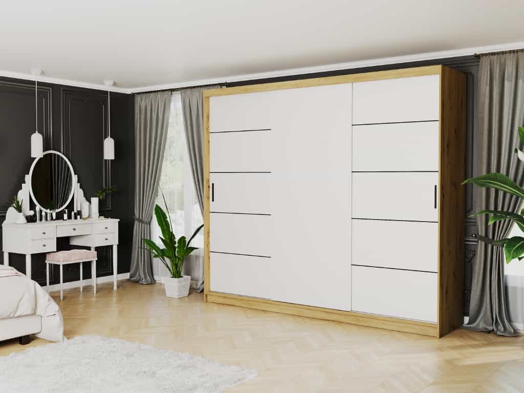 Posuvná skříň Norvio IV 250 cm artisan 3-dveřová bílá černé příčky