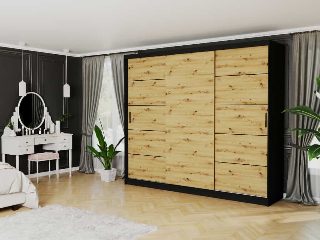 Posuvná skříň Norvio IV 250 cm černá 3-dveřová artisan černé příčky