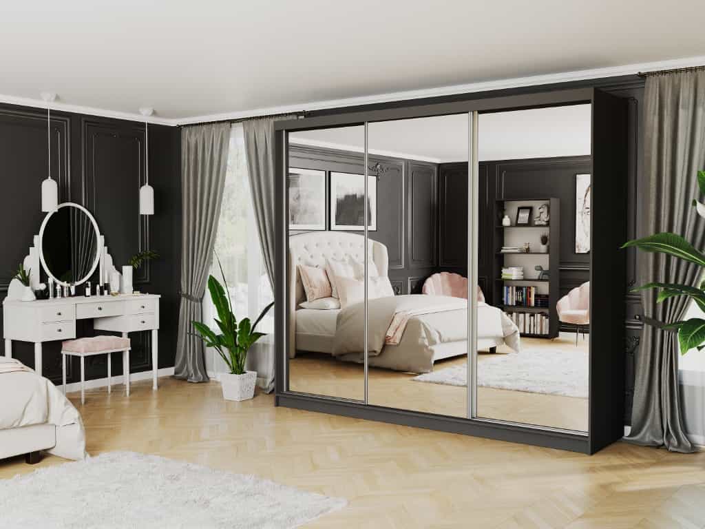 Posuvná skříň Norvio V 250 cm antracit s 3 zrcadly 3-dveřová