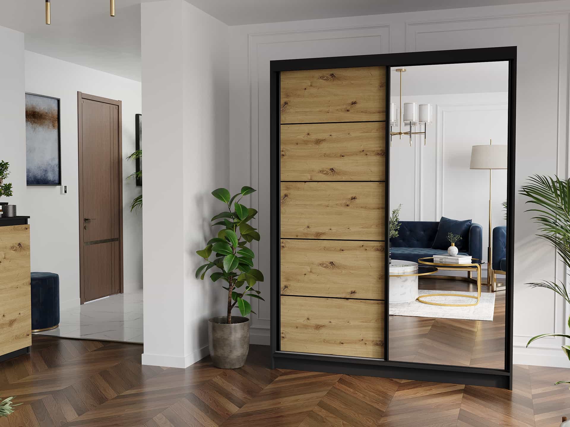 Posuvná skříň Rivano IA 150 cm černá se zrcadlem 2-dveřová artisan černé příčky