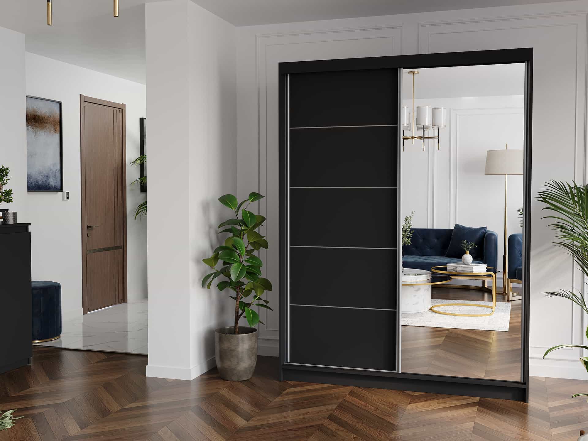 Posuvná skříň Rivano I C 150 cm černá se zrcadlem 2-dveřová černá stříbrné lišty