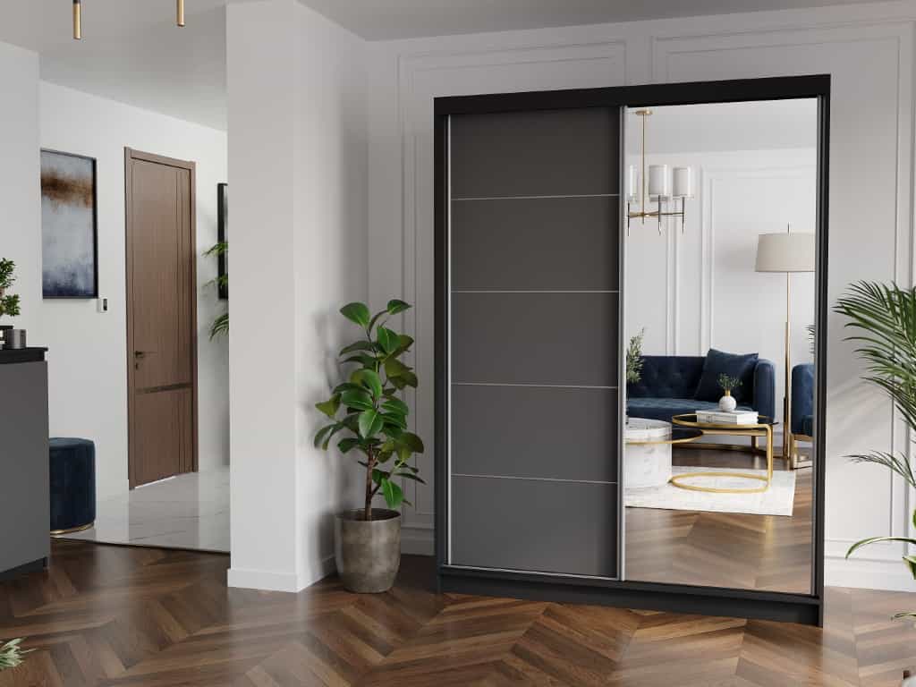 Posuvná skříň Rivano I 150 cm černá se zrcadlem 2-dveřová antracitové stříbrné lišty