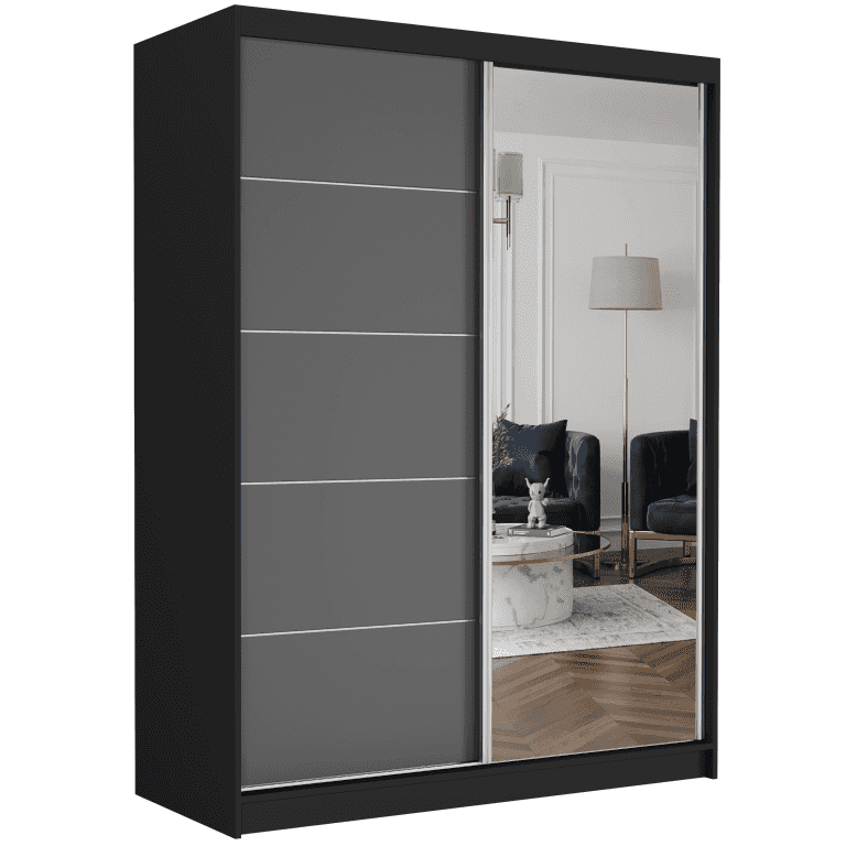 Posuvná skříň Rivano I 150 cm černá se zrcadlem 2-dveřová antracitové stříbrné lišty
