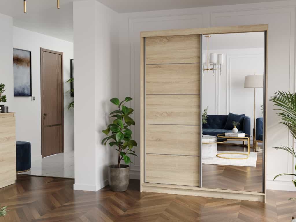 Posuvná skříň Rivano I 150 cm sonoma se zrcadlem 2-dveřová sonoma stříbrné příčky