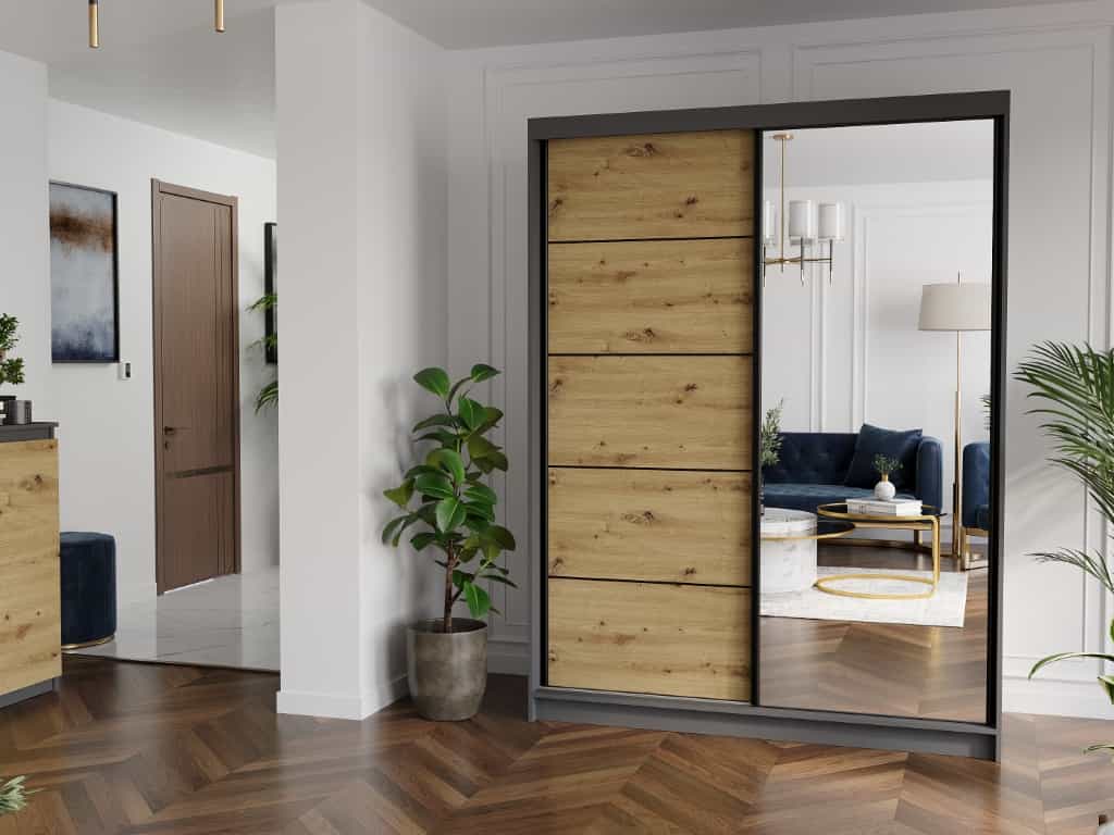 Posuvná skříň Rivano IA 150 cm antracit s zrcadlem 2-dveřová artisan černé příčky