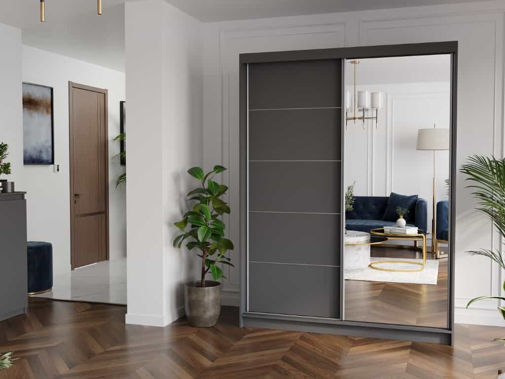 Posuvná skříň Rivano I 150 cm antracit s zrcadlem 2-dveřová antracit stříbrné lišty