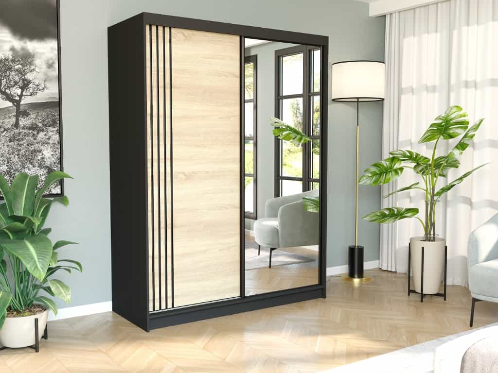 Posuvná skříň Rivano V 150 cm černá se zrcadlem 2-dveřová sonoma černé příčky