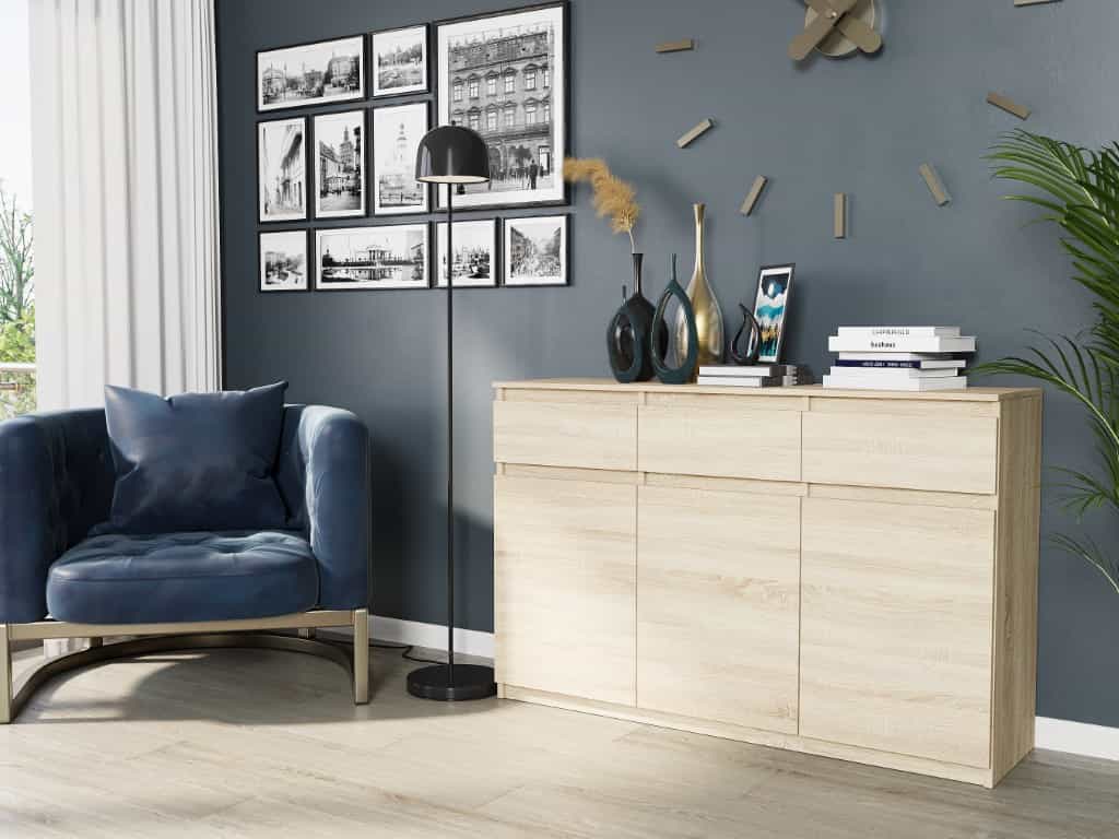 Třídveřová komoda se zásuvkami a skříňkami Sonoma 120 x 40 x 98 cm Modern S3