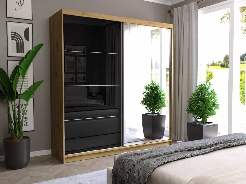Posuvná skříň Tivaro III 203 cm artisan se zrcadlem 2-dveřová černá pololesklá se stříbrnými lištami