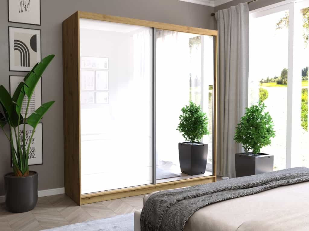 Posuvná skříň Tivaro V 203 cm artisan s zrcadlem 2-dveřová bílá pololesklá