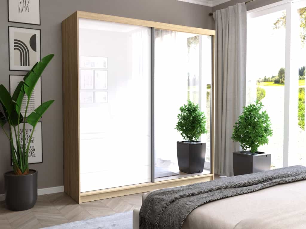Posuvná skříň Tivaro V 203 cm sonoma s zrcadlem 2-dveřová bílá pololesklá