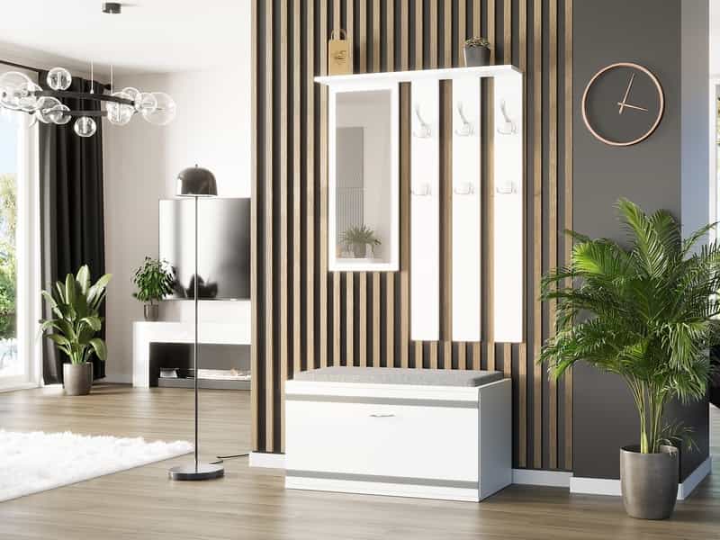 Skříň s zrcadlem a sedátkem do předsíně, bílá, 90 cm v2