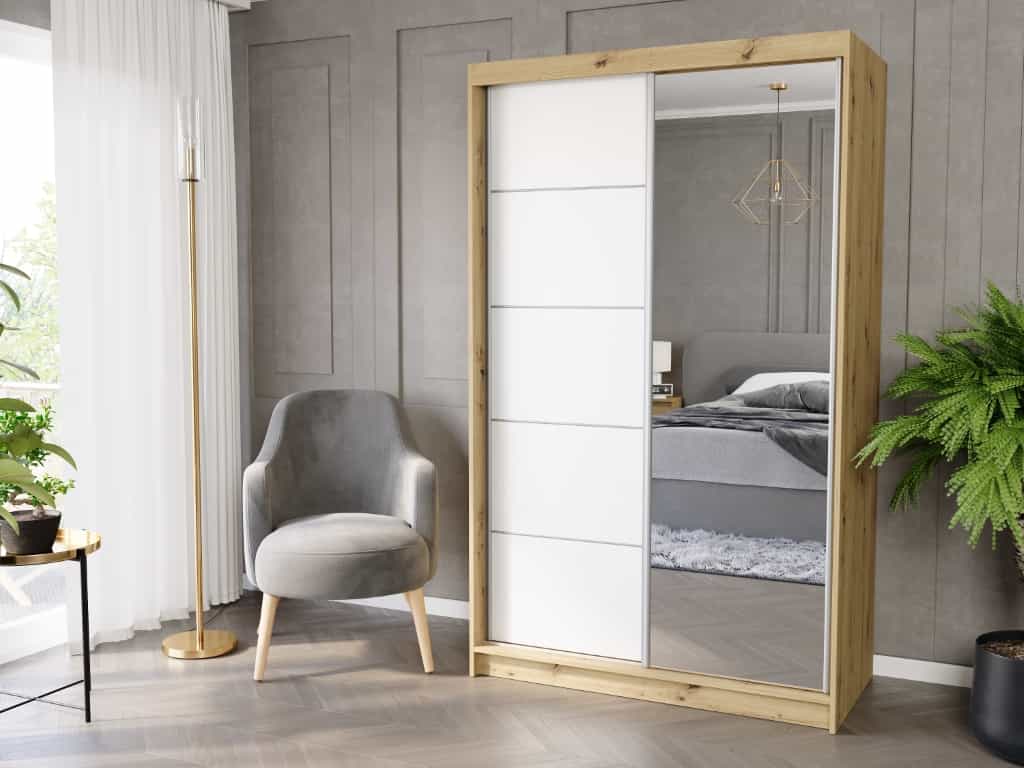 Posuvná skříň Vega I 120 cm artisan se zrcadlem 2-dveřová bílá stříbrná mřížka