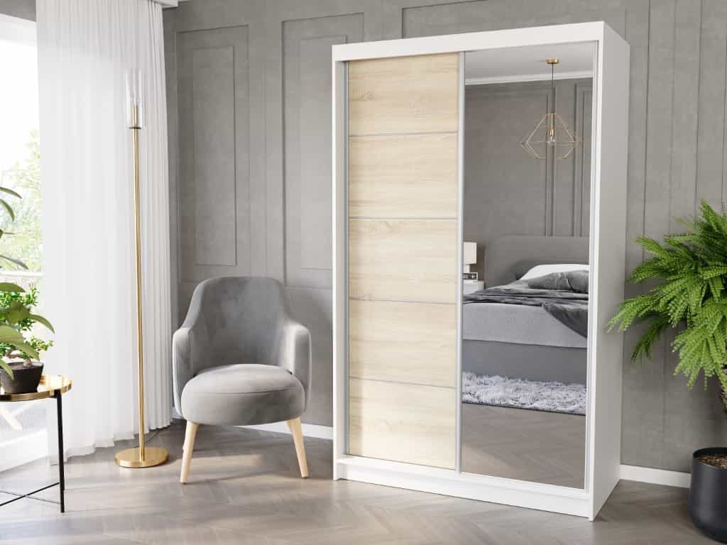 Posuvná skříň Vega I 120 cm bílá se zrcadlem 2-dveřová sonoma stříbrné lišty