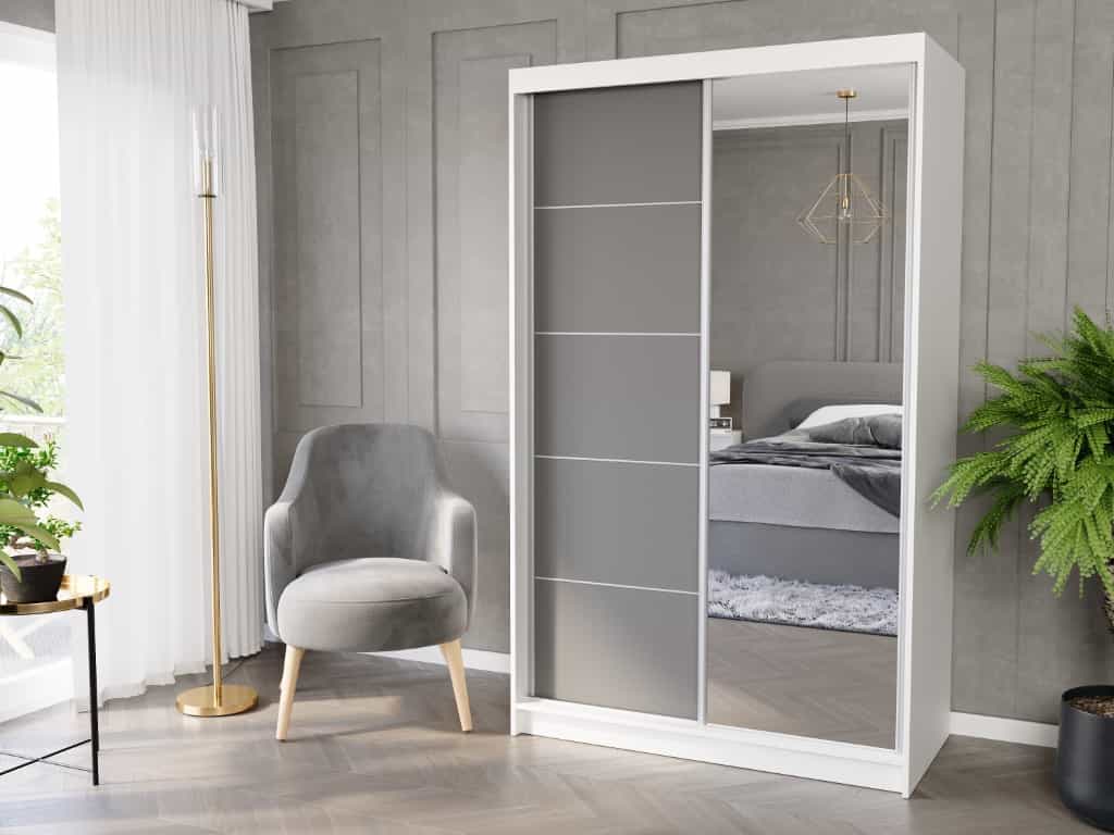Posuvná skříň Vega I 120 cm bílá se zrcadlem 2-dveřová antracitové stříbrné příčky