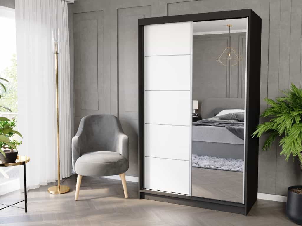 Posuvná skříň Vega I 120 cm černá se zrcadlem 2-dveřová bílá stříbrná mřížka
