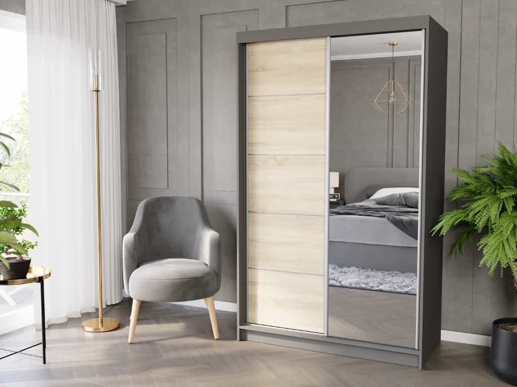 Posuvná skříň Vega I 120 cm antracit s zrcadlem 2-dveřová sonoma stříbrné příčky