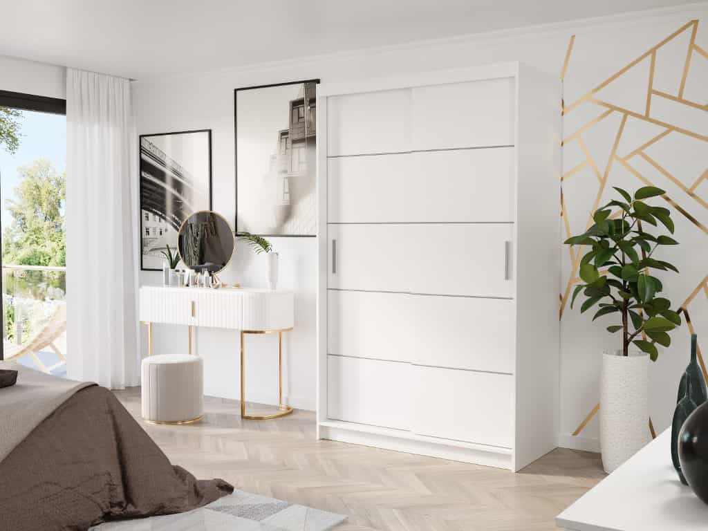 Posuvná skříň Vega IV 120 cm bílá 2-dveřová s bílými stříbrnými lištami