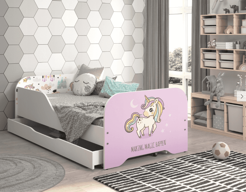Profilovaná postel MIKI 160cm JEDNOROŽEC RŮŽOVÝ s matrací