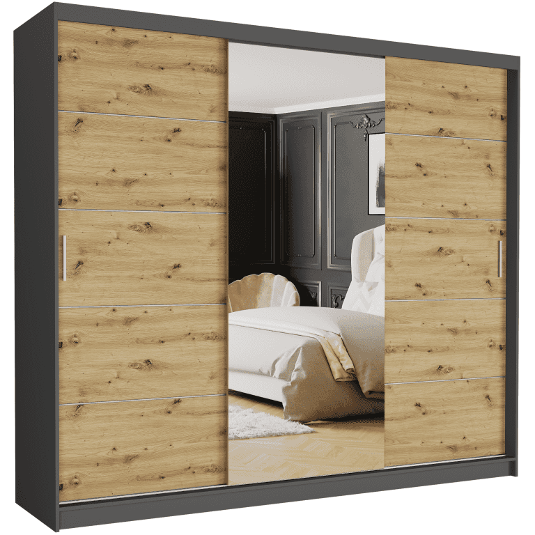 Posuvná skříň Norvio I 250 cm antracit s zrcadlem 3-dveřová artisan stříbrné příčky