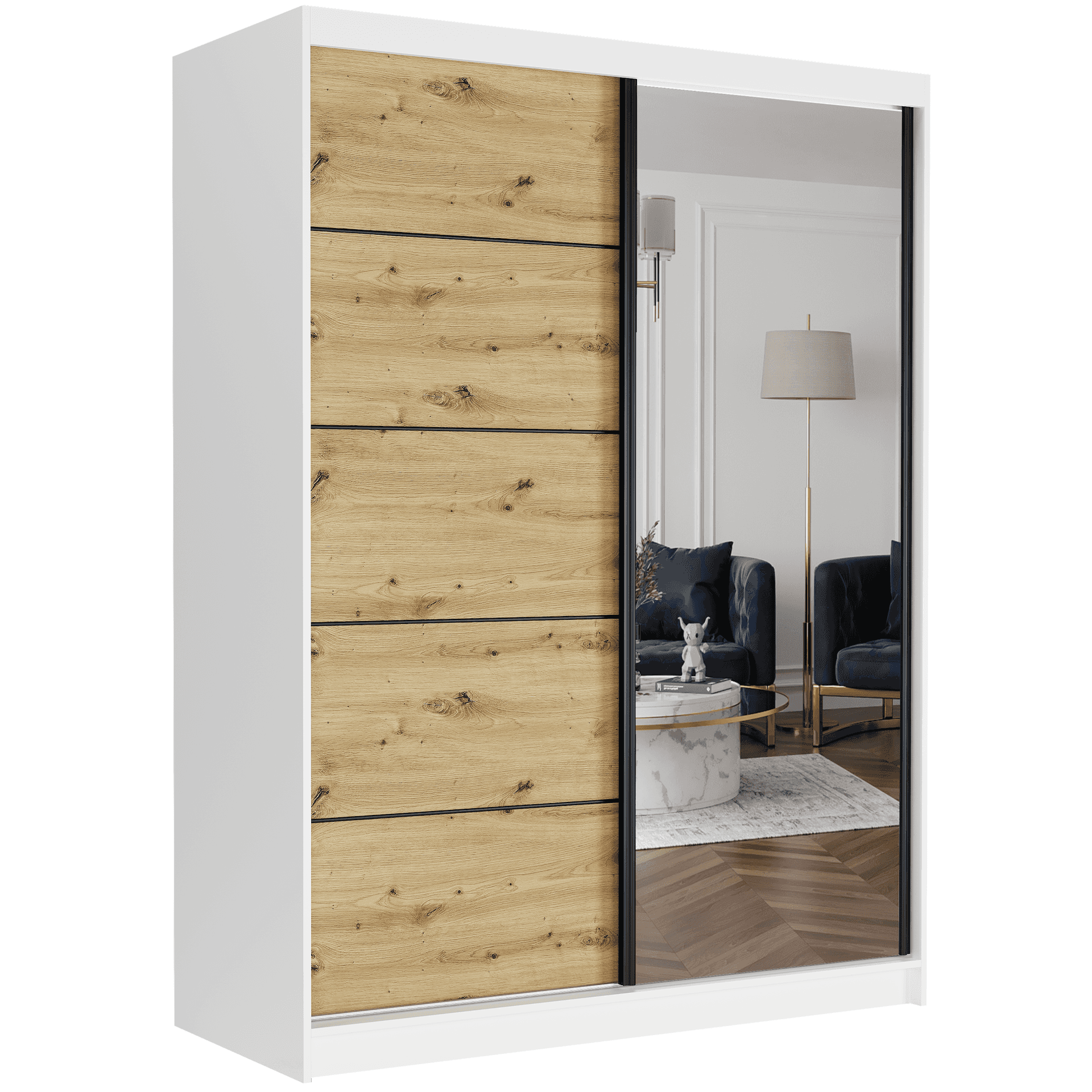 Posuvná skříň Rivano IA 150 cm bílá se zrcadlem 2-dveřová artisan černé příčky