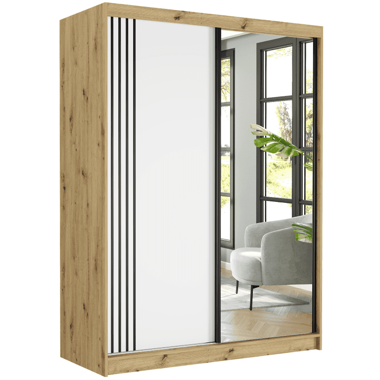 Posuvná skříň Rivano V 150 cm artisan se zrcadlem 2-dveřová bílá černé lišty