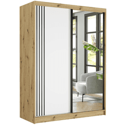 Posuvná skříň Rivano V 150 cm artisan se zrcadlem 2-dveřová bílá černé lišty