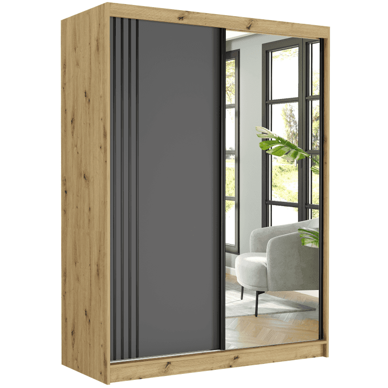 Posuvná skříň Rivano V 150 cm artisan se zrcadlem 2-dveřová antracit černé příčky