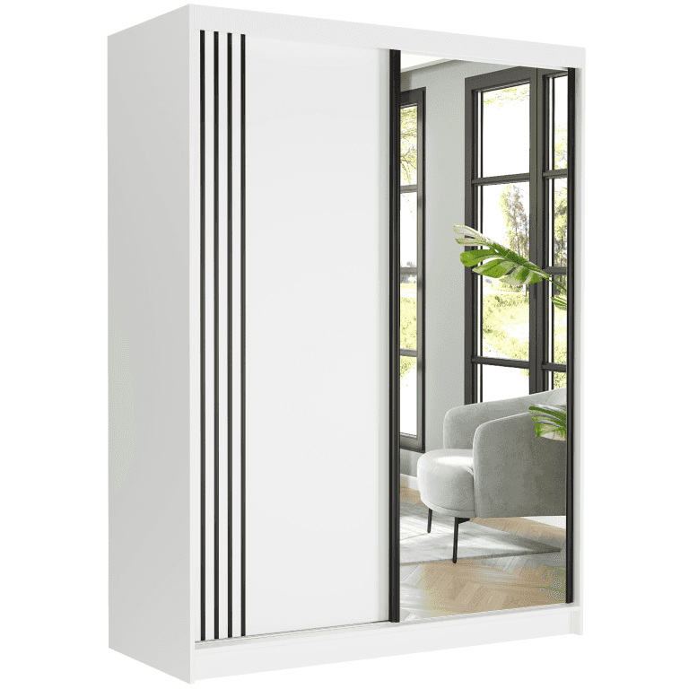 Moderní posuvná skříň se zrcadlem 150 x 200 x 60 cm bílá se zrcadlem - Rivano V