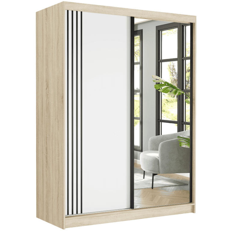 Posuvná skříň Rivano V 150 cm sonoma se zrcadlem 2-dveřová bílá černé lišty