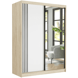 Posuvná skříň Rivano V 150 cm sonoma se zrcadlem 2-dveřová bílá černé lišty