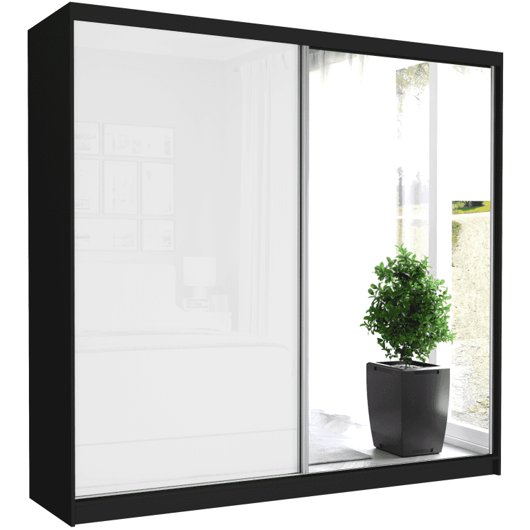 Posuvná skříň Selvio V 233 cm černá se zrcadlem 2-dveřová bílý pololesk