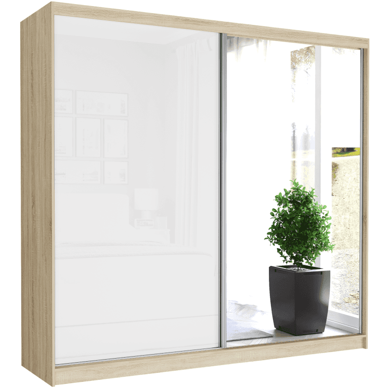 Posuvná skříň Selvio V 233 cm sonoma se zrcadlem 2-dveřová bílá pololesklá