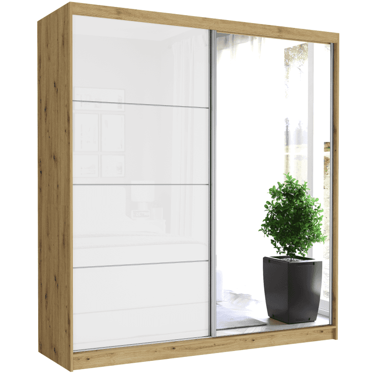 Posuvná skříň Tivaro IV 203 cm artisan se zrcadlem 2-dveřová bílá pololesklá se stříbrnými lištami