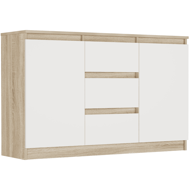 Komoda sonoma mix bílá 120x76x33 cm, 3 zásuvky a 2 dveře, Framire R-120-S3 – video produktu