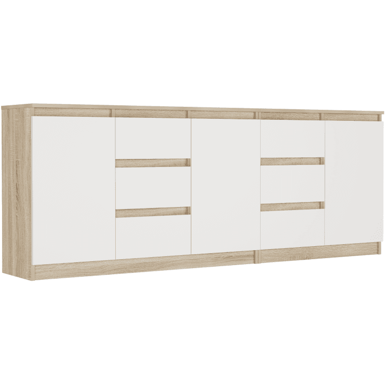 Sada komod sonoma mix bílá, 200x76x33 cm celkem (120+80 cm), 6 zásuvek, 3 dveře, Framire R-200-S6 – video produktu