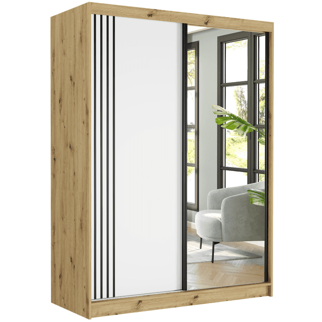 Posuvná skříň Rivano V 150 cm artisan se zrcadlem 2-dveřová bílá černé lišty