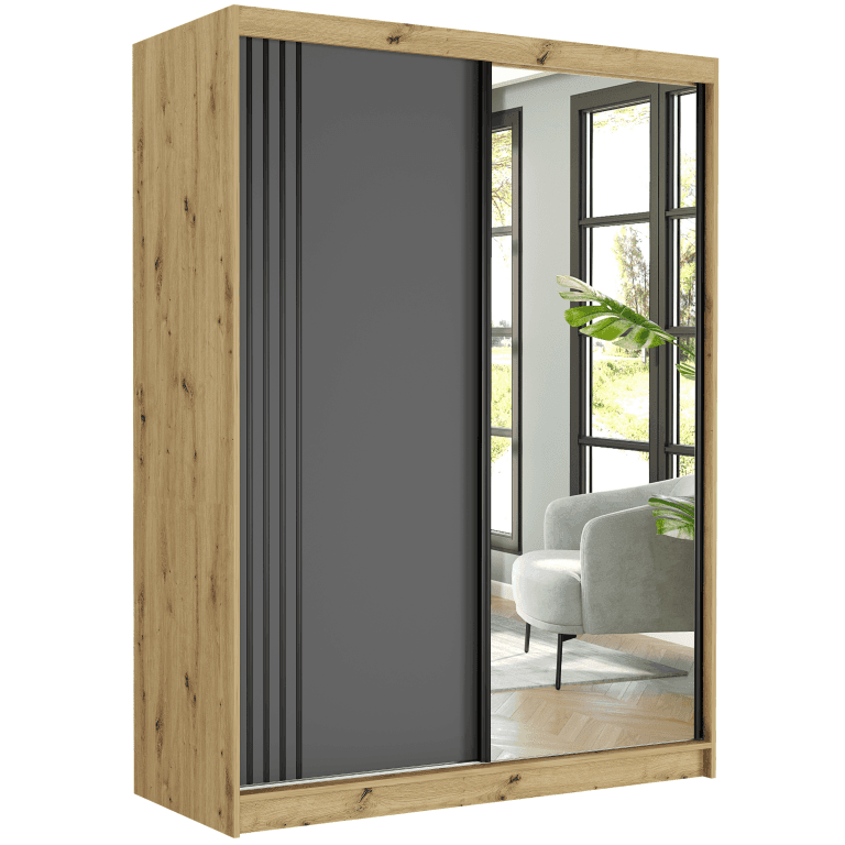 Posuvná skříň Rivano V 150 cm artisan se zrcadlem 2-dveřová antracit černé příčky