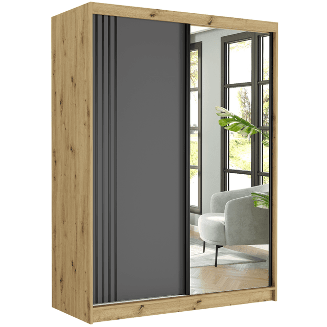 Posuvná skříň Rivano V 150 cm artisan se zrcadlem 2-dveřová antracit černé příčky